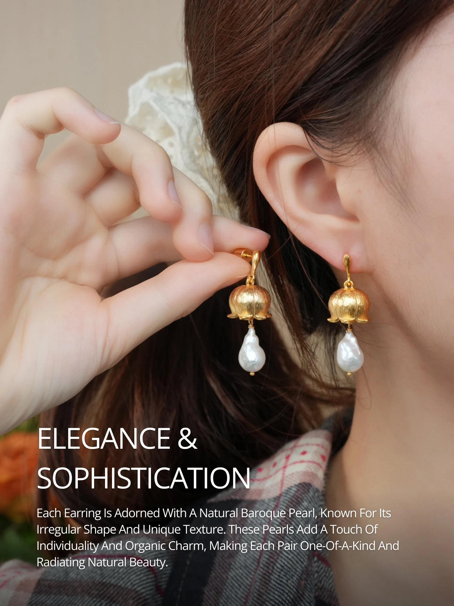 YAJUNIEL Flower Bud Earrings with Natural Baroque Pearl 24K Gold Plated Brushed Finish Drop Earrings for Women Jewelry Gift