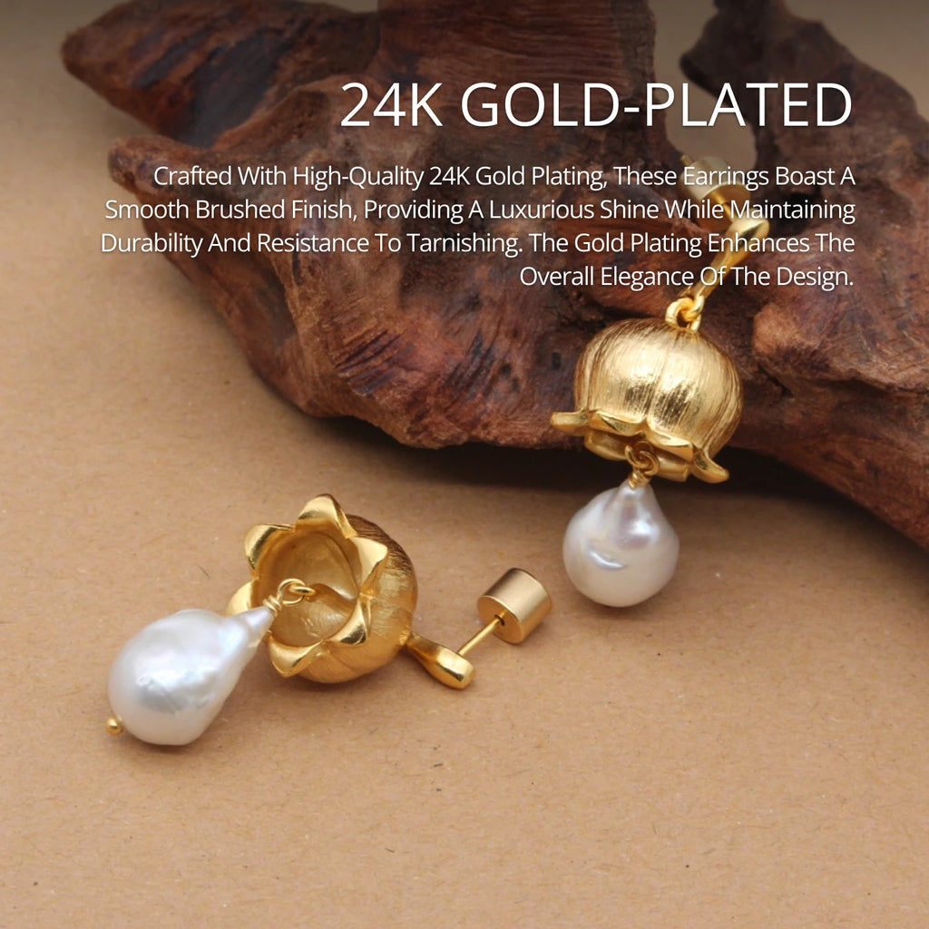 YAJUNIEL Flower Bud Earrings with Natural Baroque Pearl 24K Gold Plated Brushed Finish Drop Earrings for Women Jewelry Gift