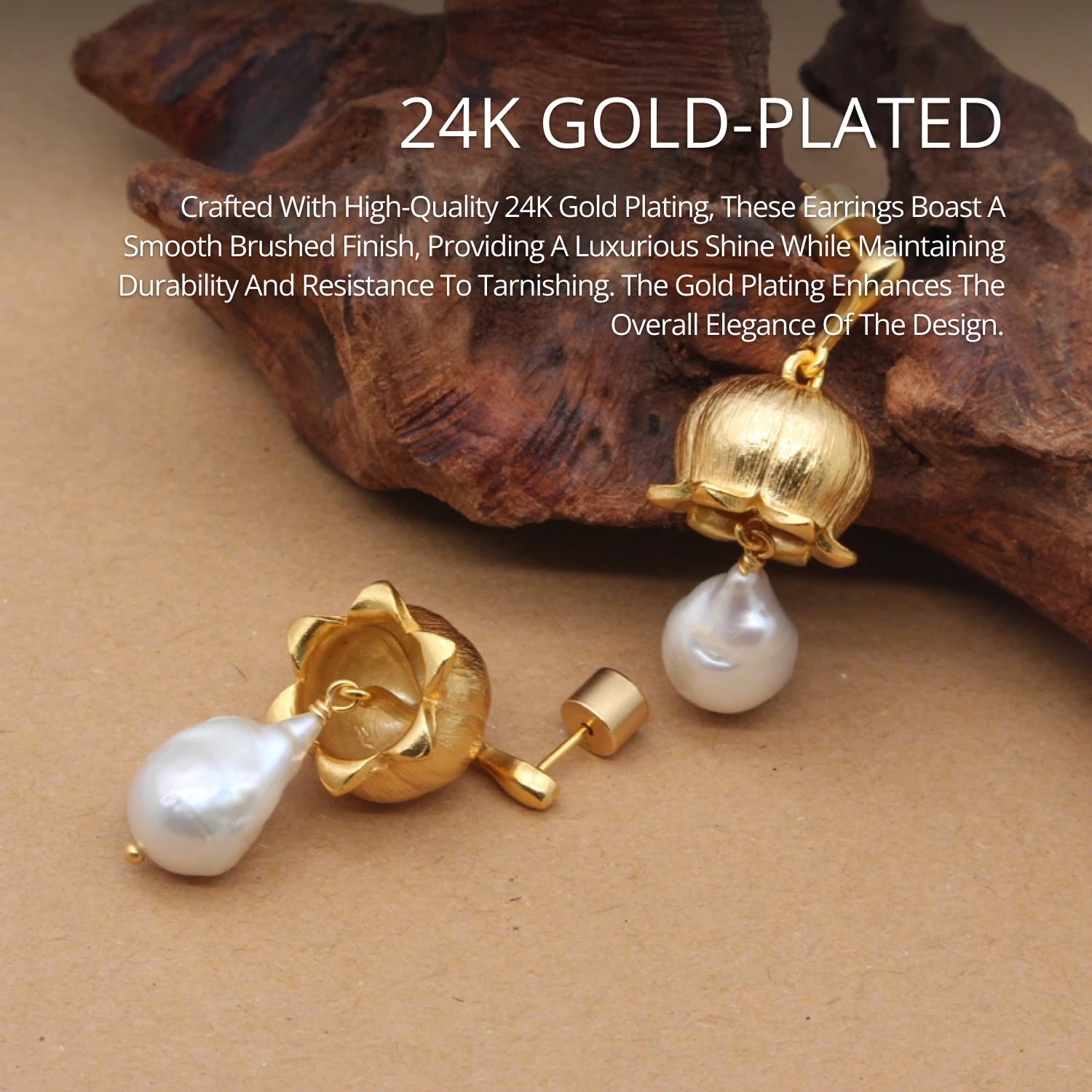 YAJUNIEL Flower Bud Earrings with Natural Baroque Pearl 24K Gold Plated Brushed Finish Drop Earrings for Women Jewelry Gift