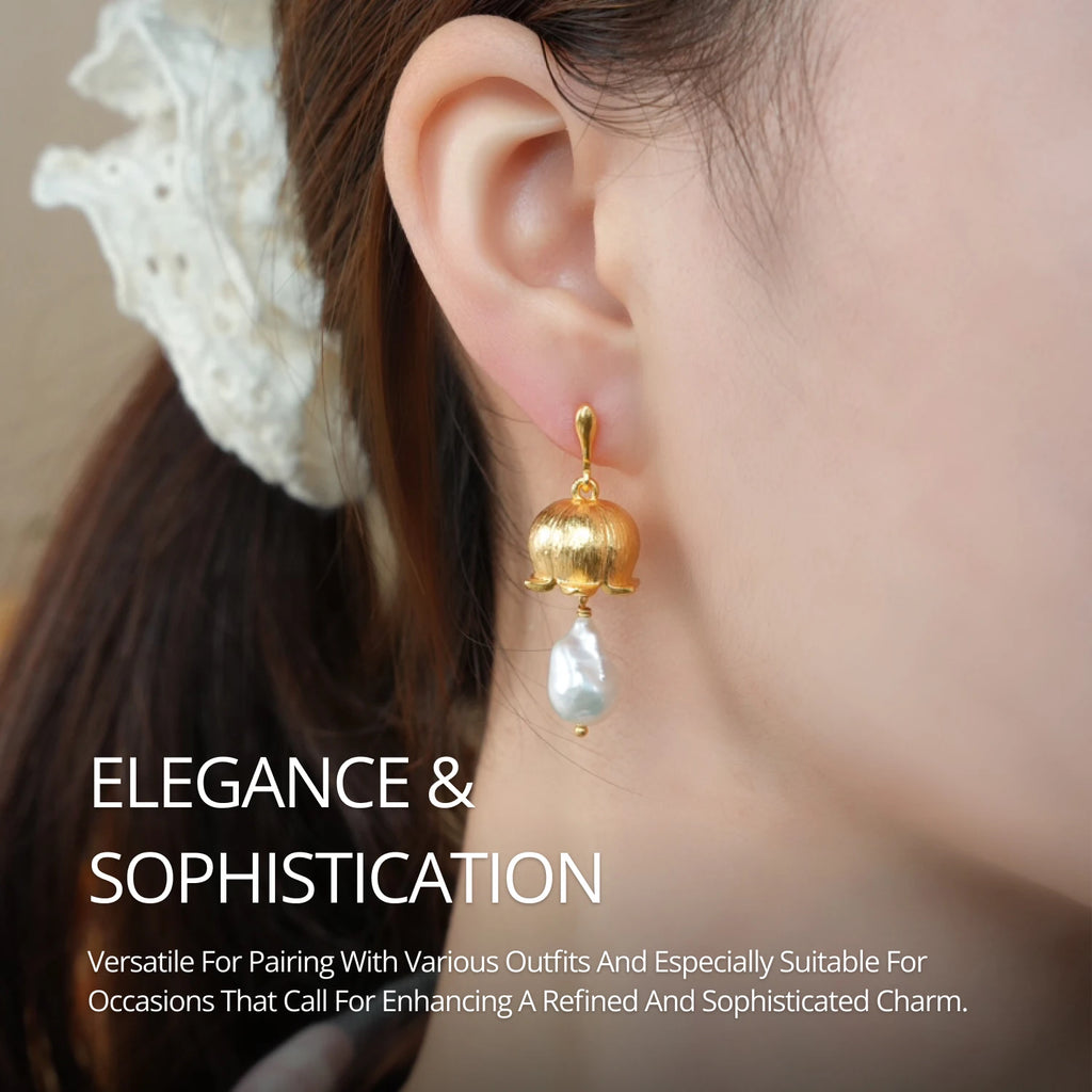 YAJUNIEL Flower Bud Earrings with Natural Baroque Pearl 24K Gold Plated Brushed Finish Drop Earrings for Women Jewelry Gift