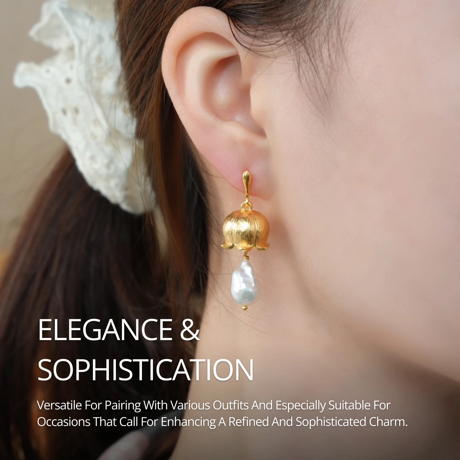 YAJUNIEL Flower Bud Earrings with Natural Baroque Pearl 24K Gold Plated Brushed Finish Drop Earrings for Women Jewelry Gift