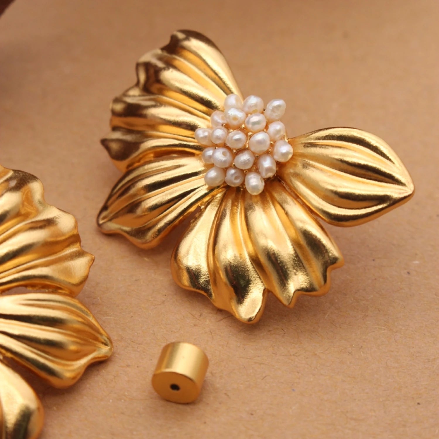 YAJUNIEL 24K Gold Plated Pearl Flower Stud Earrings