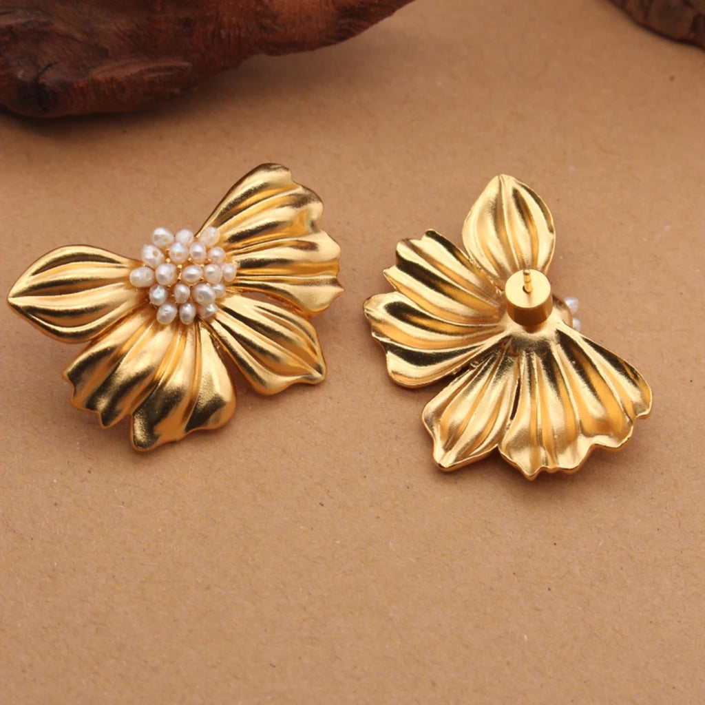 YAJUNIEL 24K Gold Plated Pearl Flower Stud Earrings