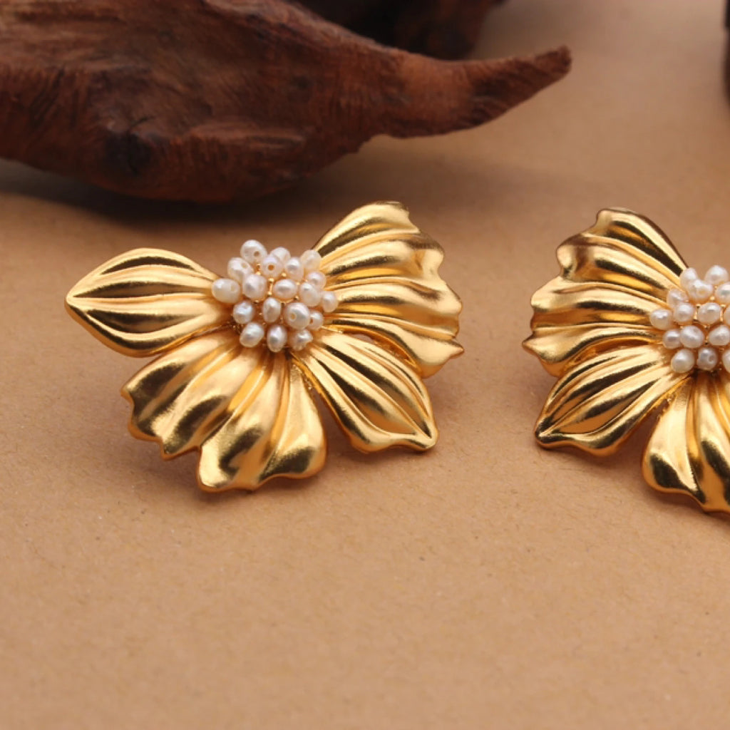 YAJUNIEL 24K Gold Plated Pearl Flower Stud Earrings