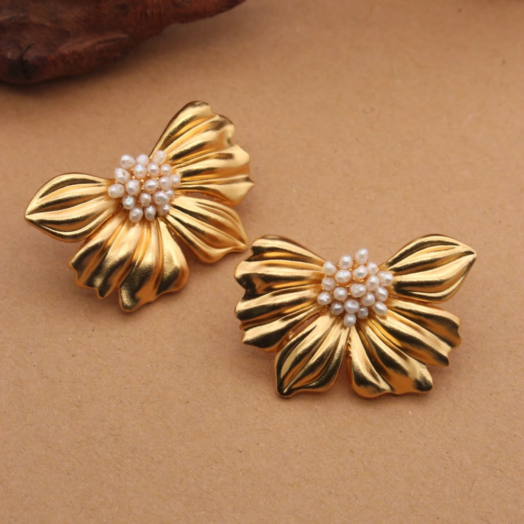 YAJUNIEL 24K Gold Plated Pearl Flower Stud Earrings