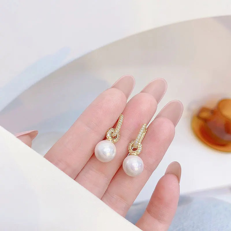 14K Gold Pearl & Zircon Round Earrings for Women