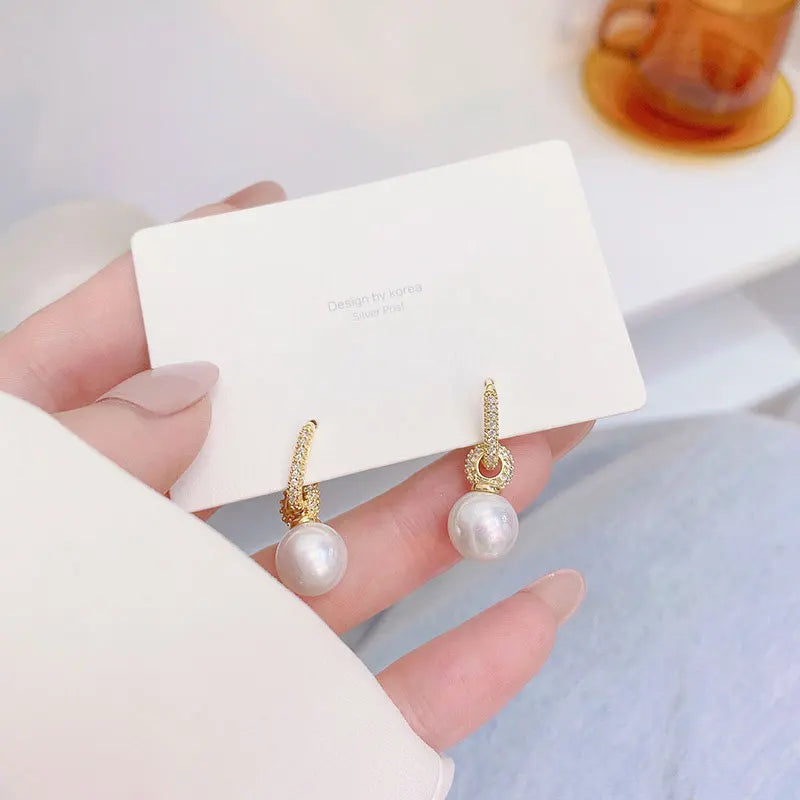 14K Gold Pearl & Zircon Round Earrings for Women