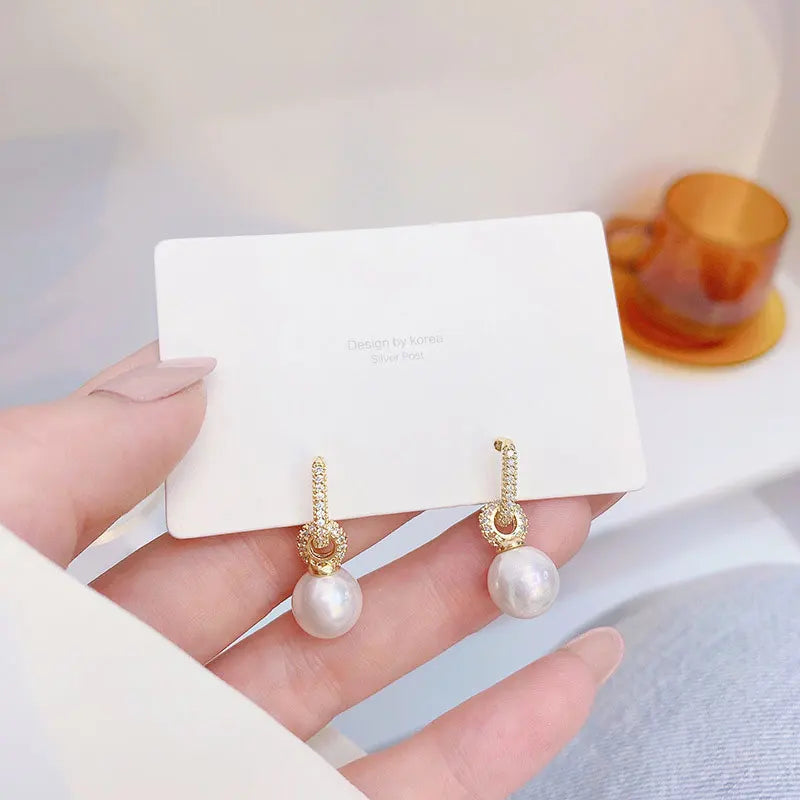 14K Gold Pearl & Zircon Round Earrings for Women