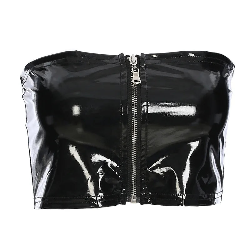 Women's Black Faux Leather PVC Shiny Tube Crop Top