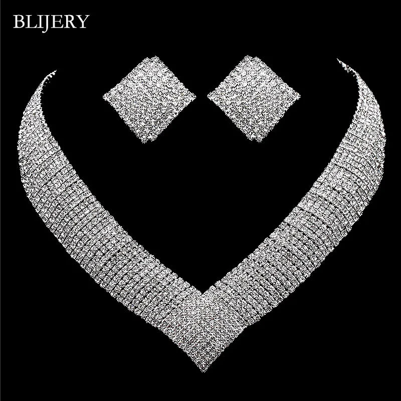 BLIJERY Luxury Rhinestone Crystal Bridal Jewelry Set