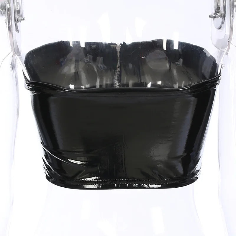Women's Black Faux Leather PVC Shiny Tube Crop Top