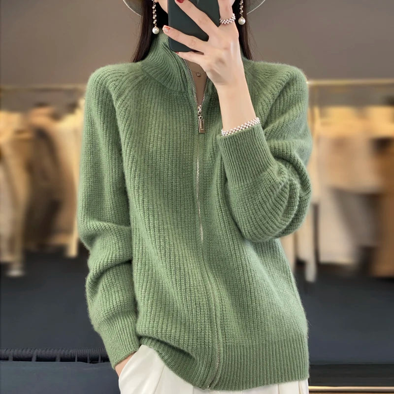 Women's Wool Zip-Up Stand Collar Cardigan