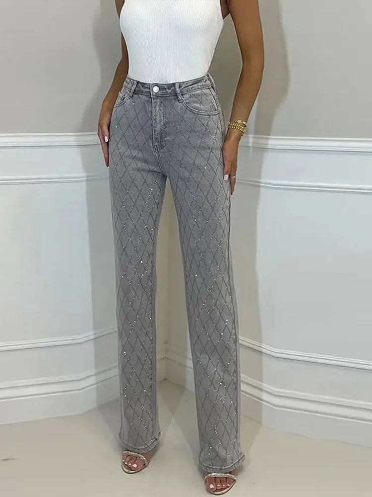 Women's Rhinestone High Rise Straight Jeans