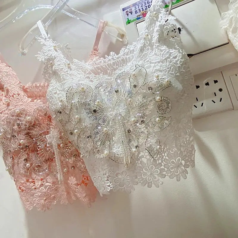 Women's Heavy Beaded Floral Lace Crop Tank Top