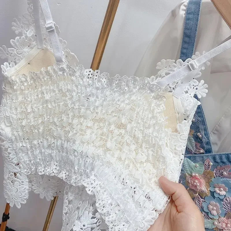 Women's Heavy Beaded Floral Lace Crop Tank Top