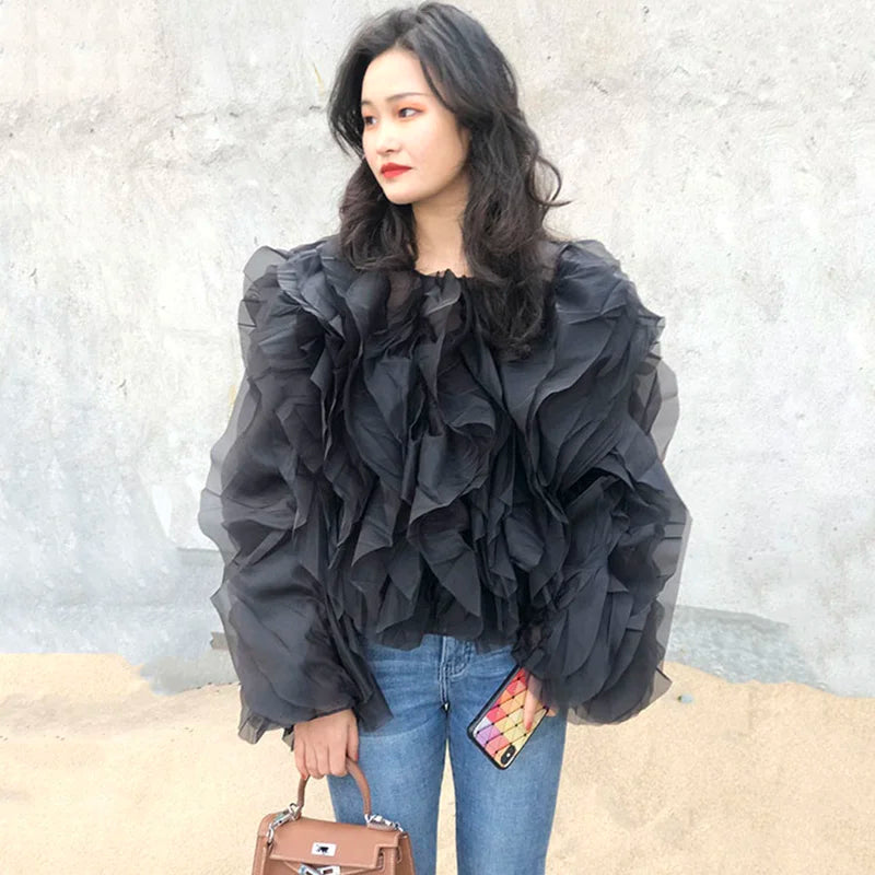 TWOTWINSTYLE Ruffle Chiffon Lantern Sleeve Blouse