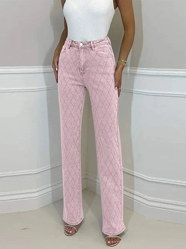 Women's Rhinestone High Rise Straight Jeans
