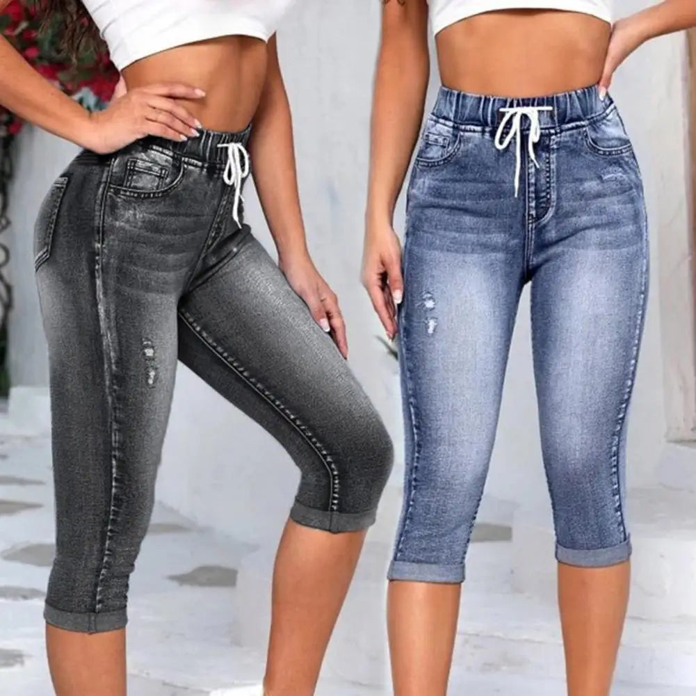 Women's High Waist Vintage Drawstring Denim Capris