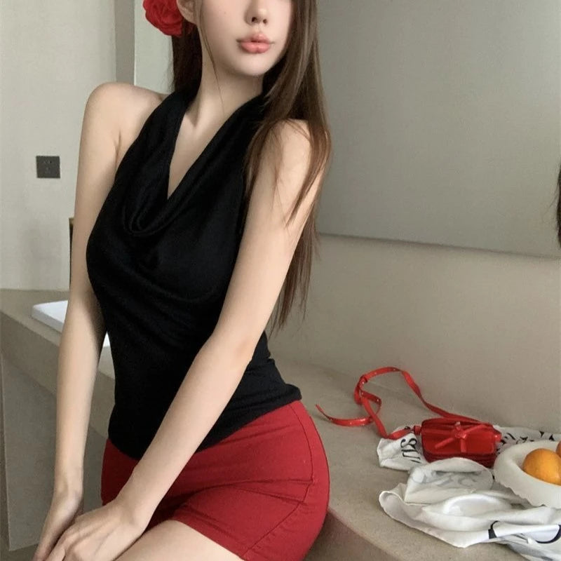 Women's Y2K Backless Halter Swing Collar Crop Top