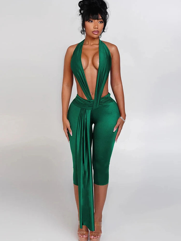 Women's Patchwork Halter Backless Romper
