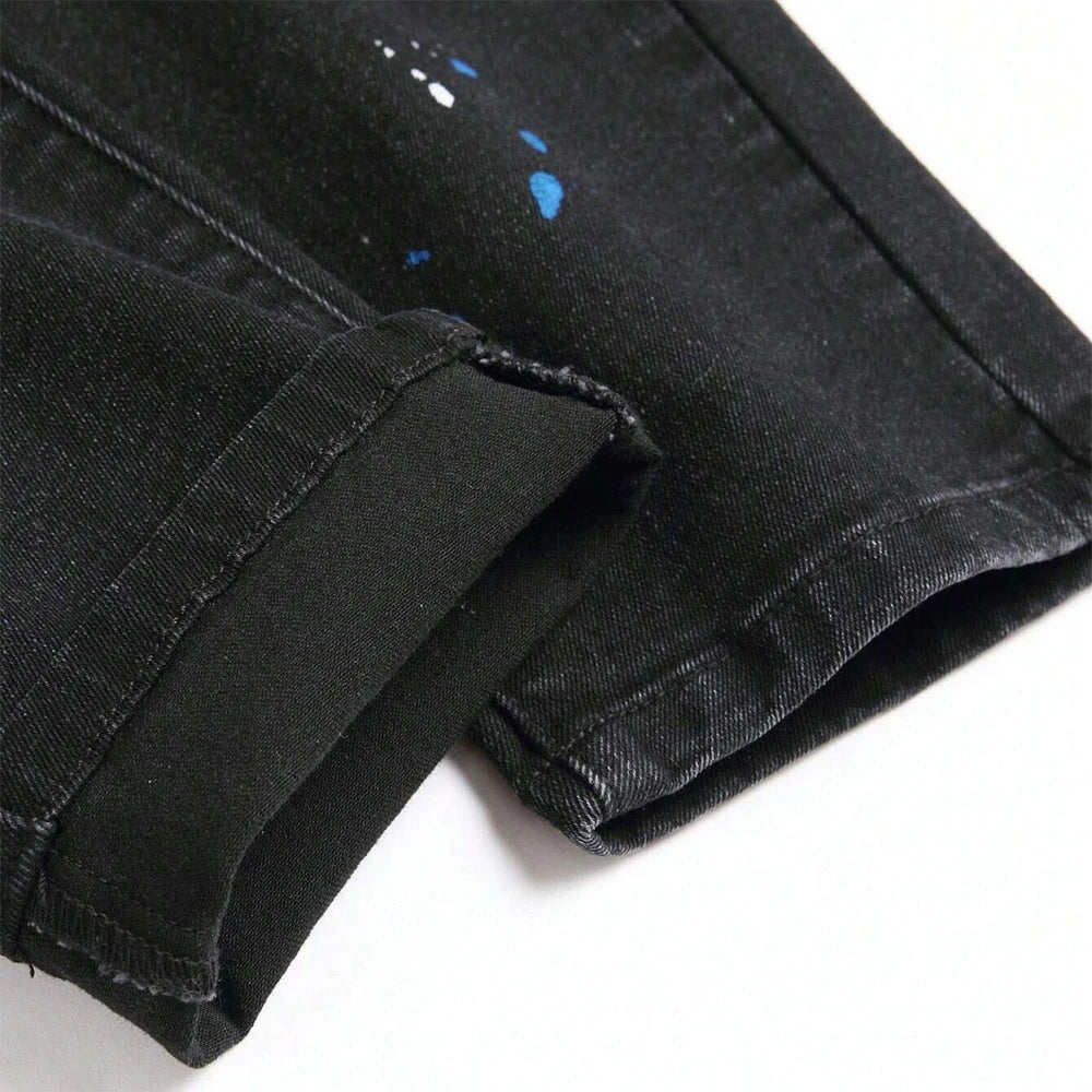 Men's Ripped Patchwork Slim Fit Black Jeans