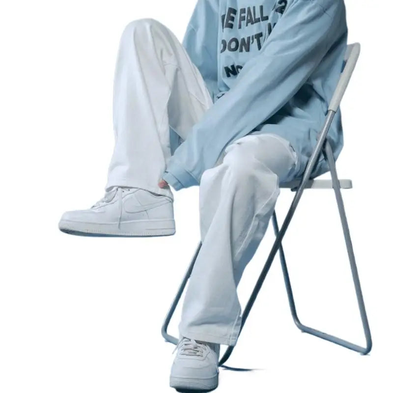 Unisex White Baggy Straight Leg Jeans