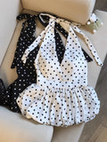 Women's Backless Halter Polka Dot Ruffle Crop Top