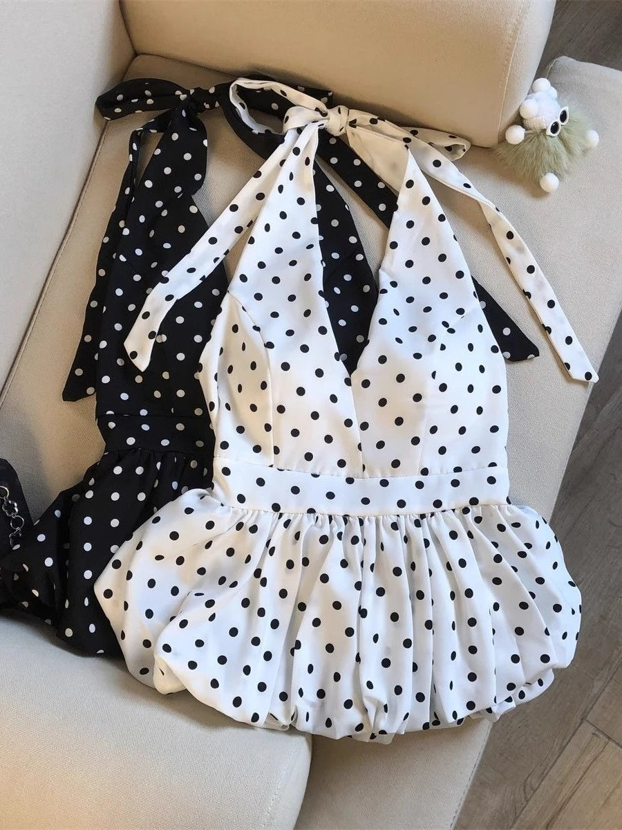 Women's Backless Halter Polka Dot Ruffle Crop Top