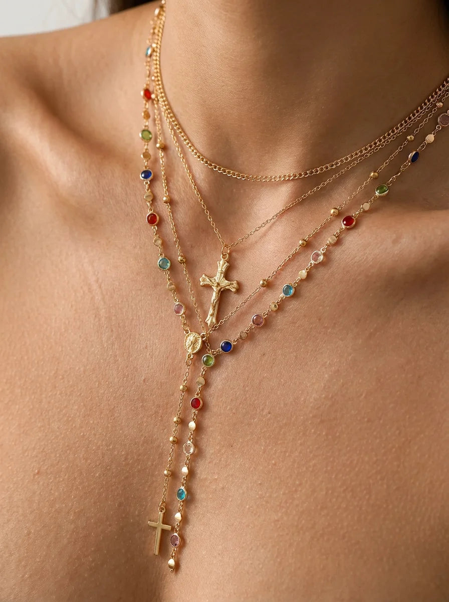 Layered Jesus Cross Pendant Y2K Chain Necklace