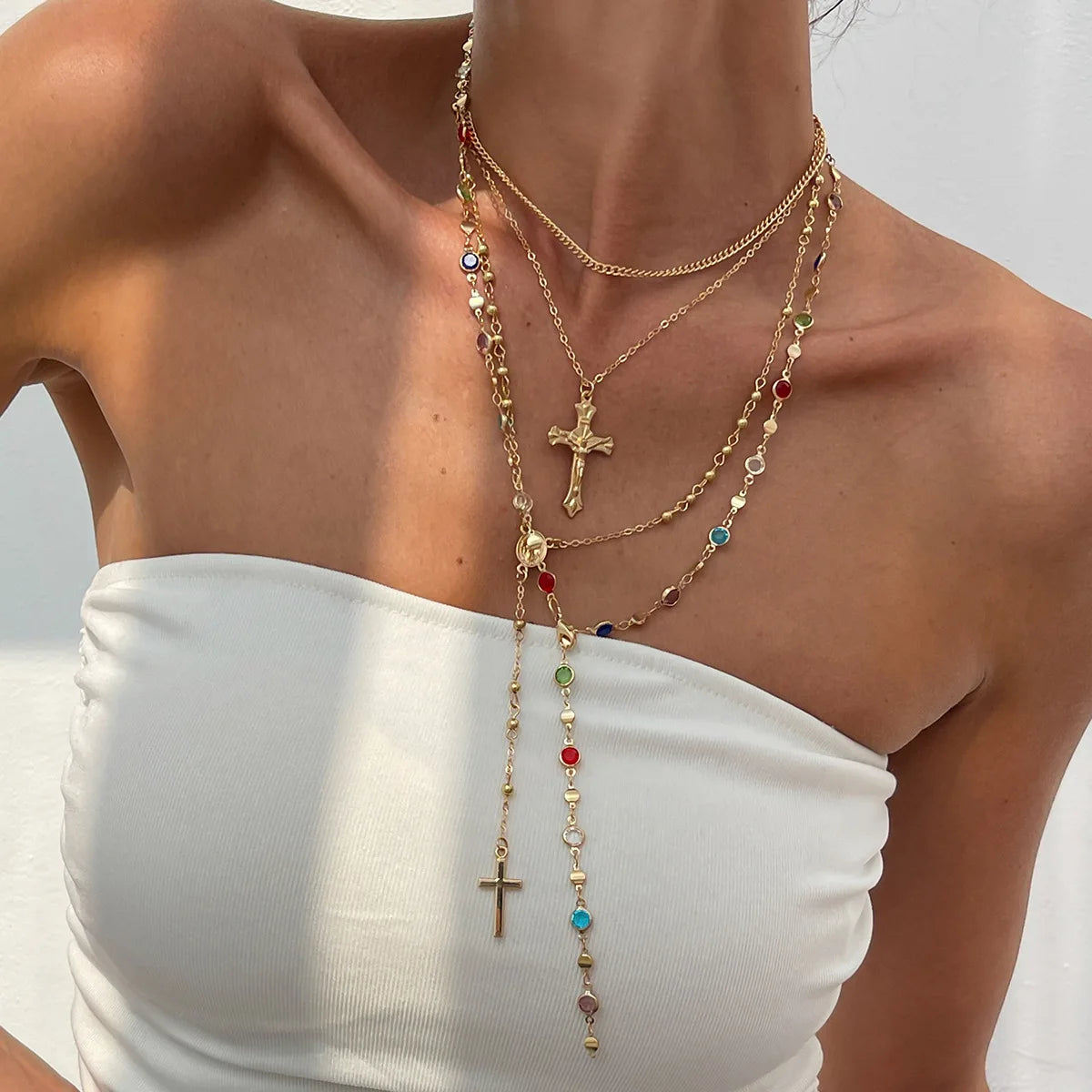 Layered Jesus Cross Pendant Y2K Chain Necklace
