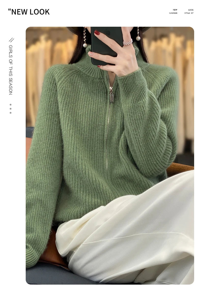 Women's Wool Zip-Up Stand Collar Cardigan