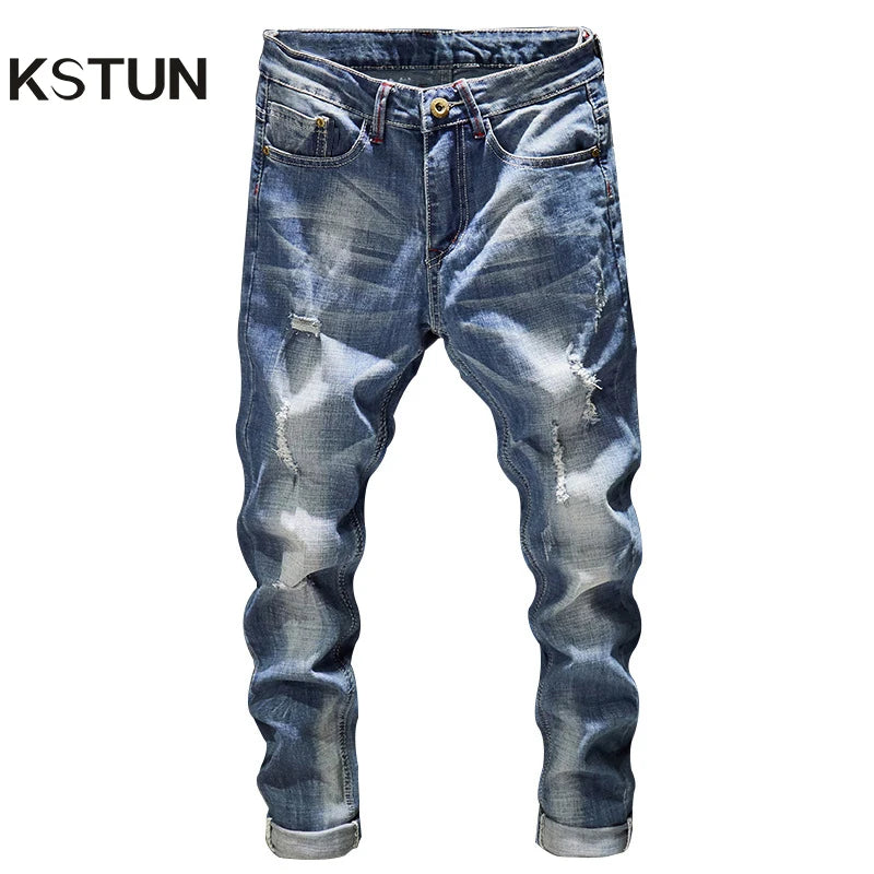 Men’s Slim Fit Light Blue Ripped Stretch Jeans