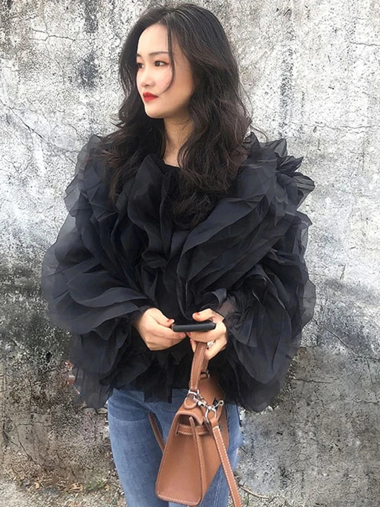 TWOTWINSTYLE Ruffle Chiffon Lantern Sleeve Blouse