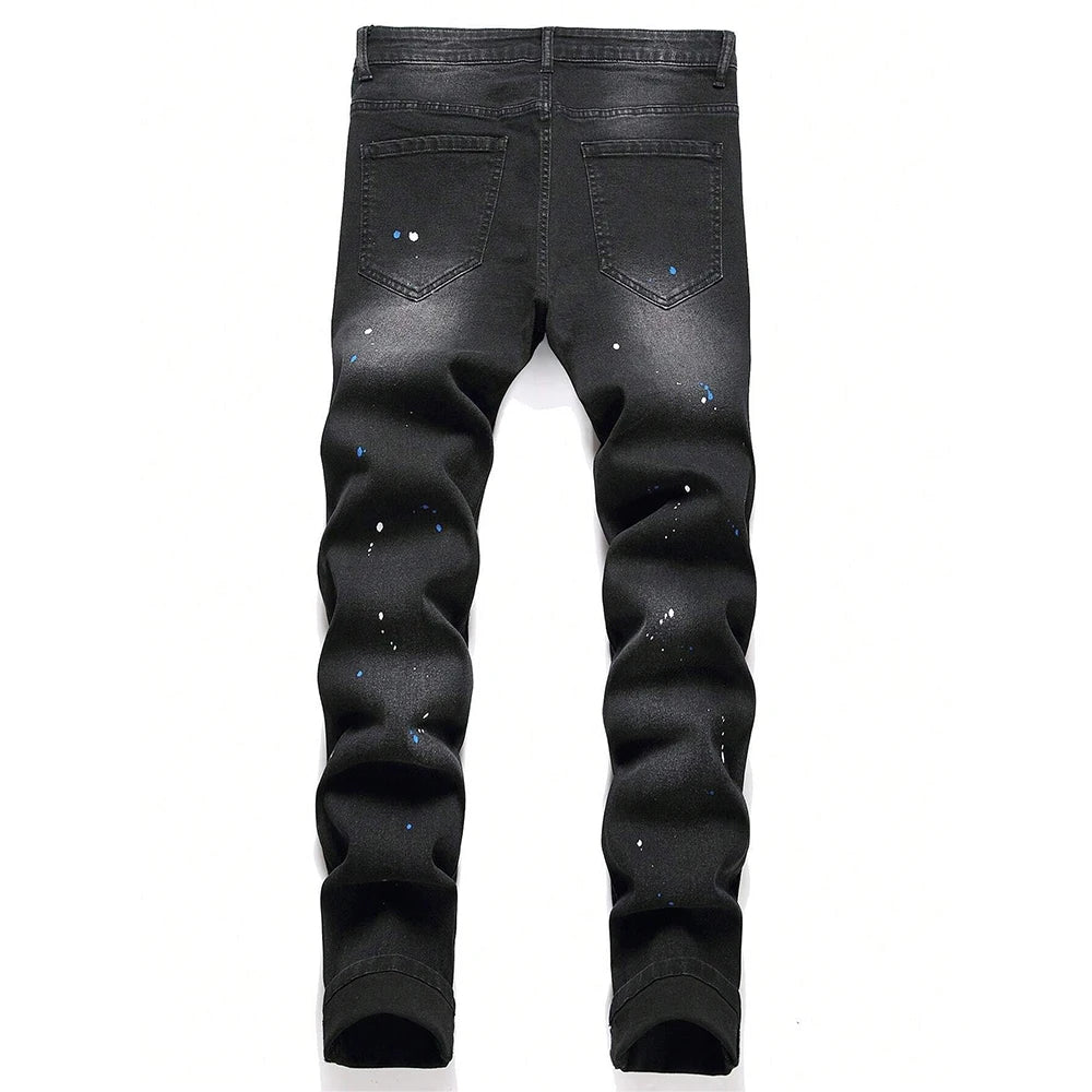 Men's Ripped Patchwork Slim Fit Black Jeans