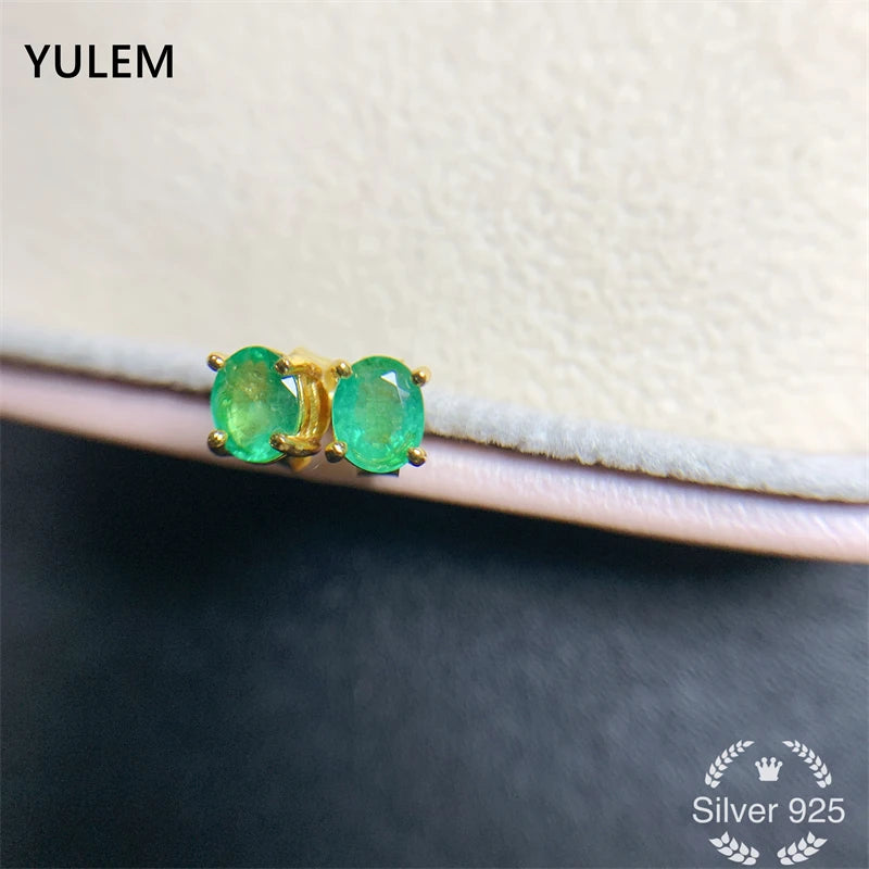 YULEM Natural Emerald S925 Silver Stud Earrings