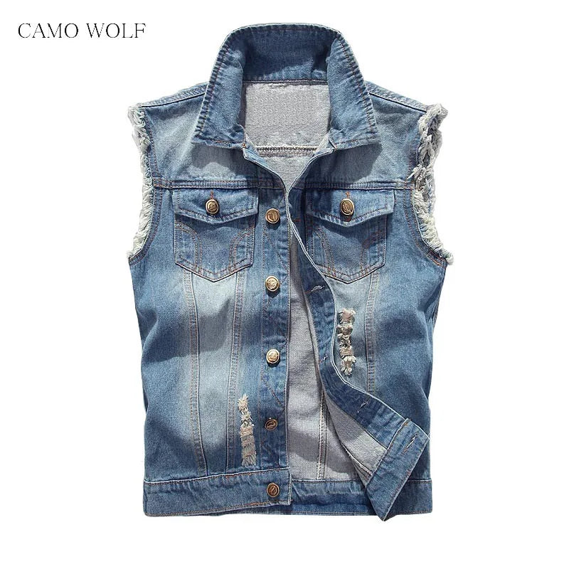 Men’s Hip Hop Ripped Denim Jacket Vest