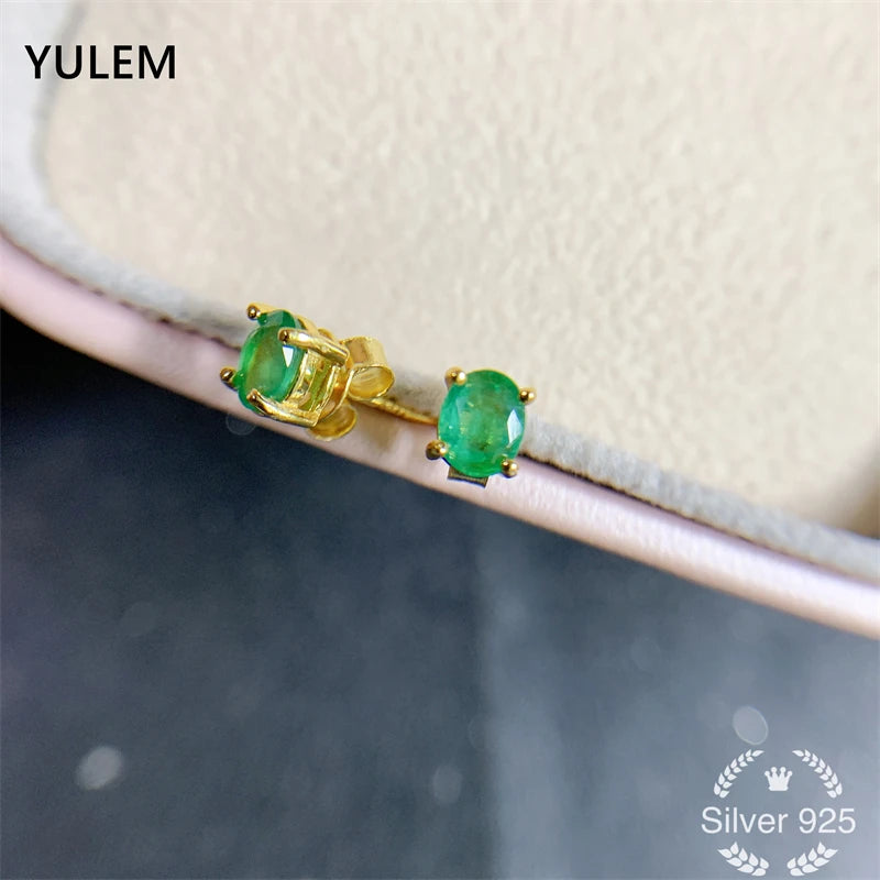 YULEM Natural Emerald S925 Silver Stud Earrings