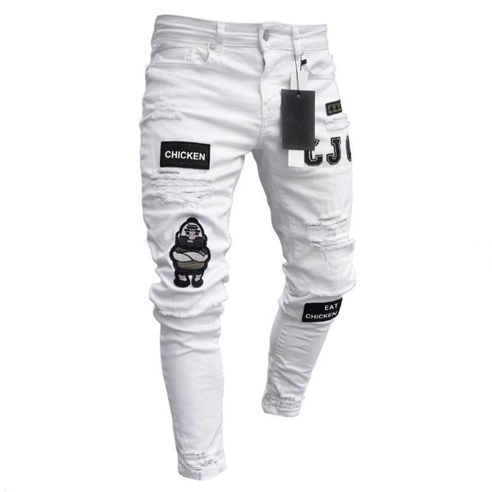 Men's White Embroidered Ripped Slim Fit Jeans