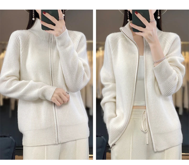 Women's Wool Zip-Up Stand Collar Cardigan