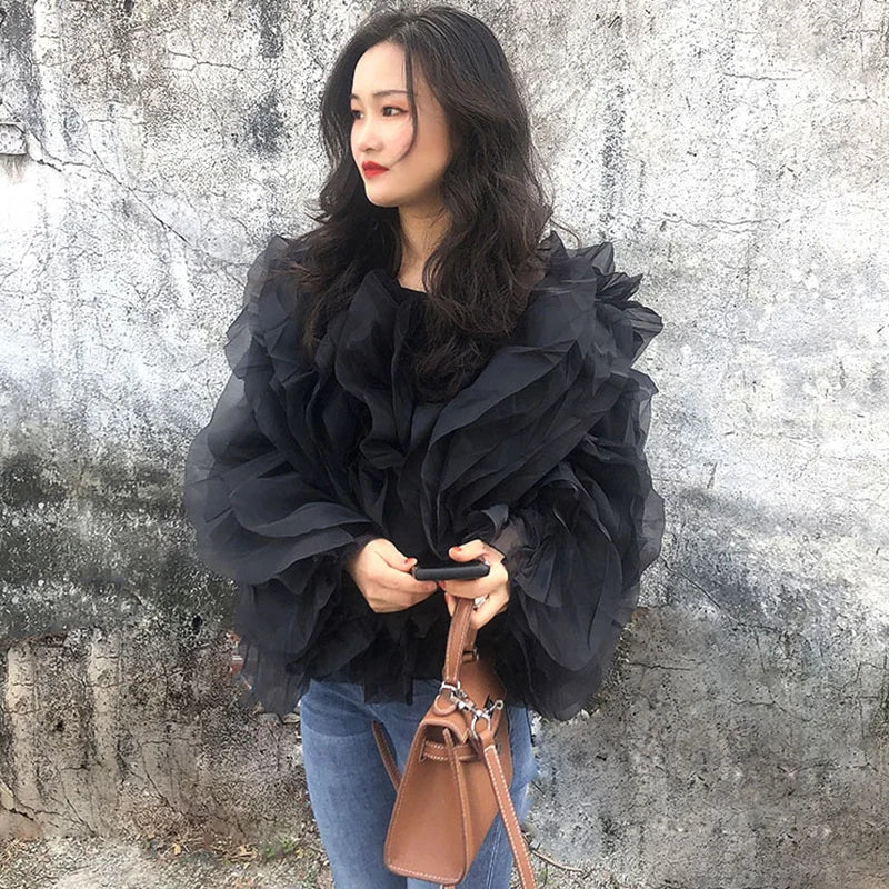TWOTWINSTYLE Ruffle Chiffon Lantern Sleeve Blouse