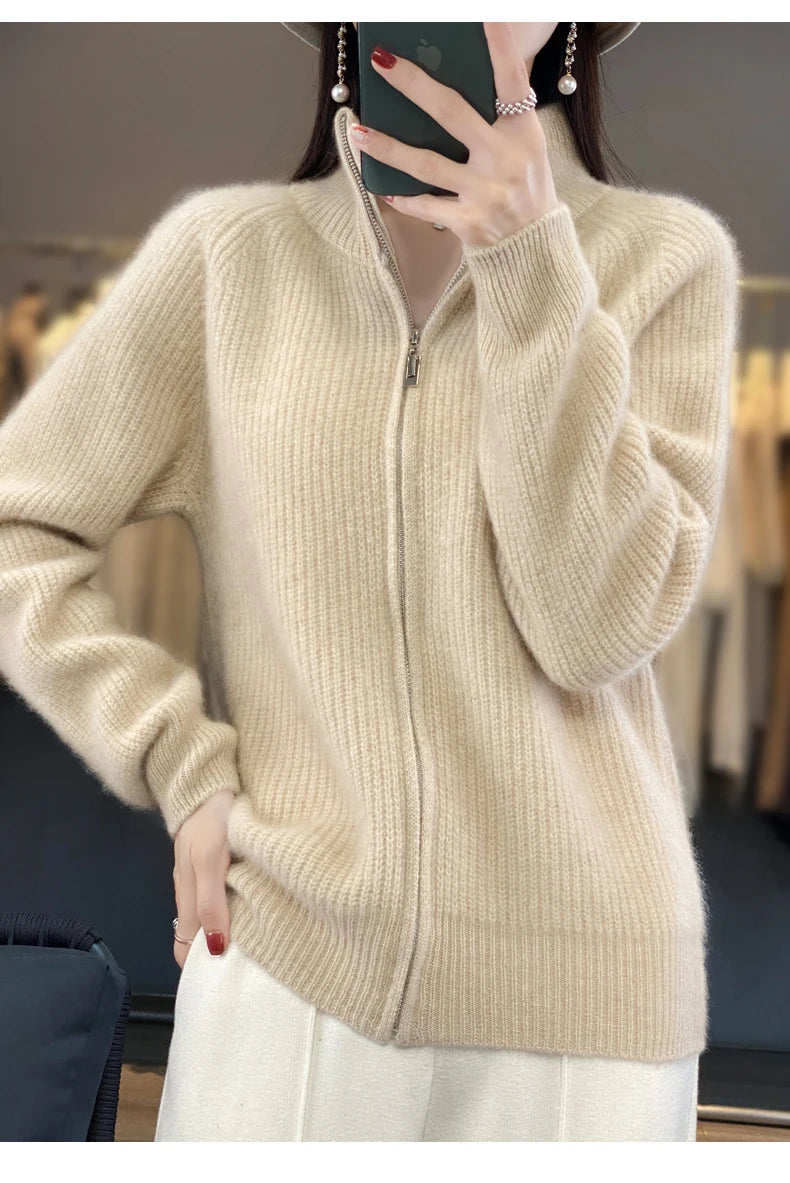 Women's Wool Zip-Up Stand Collar Cardigan