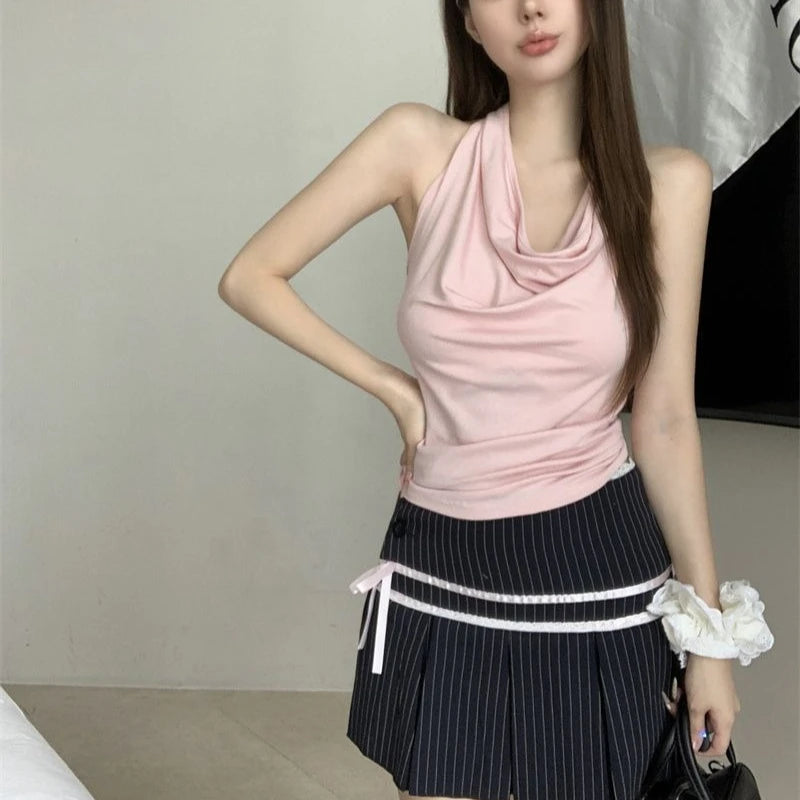 Women's Y2K Backless Halter Swing Collar Crop Top