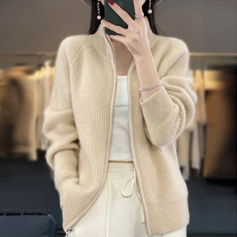 Women's Wool Zip-Up Stand Collar Cardigan