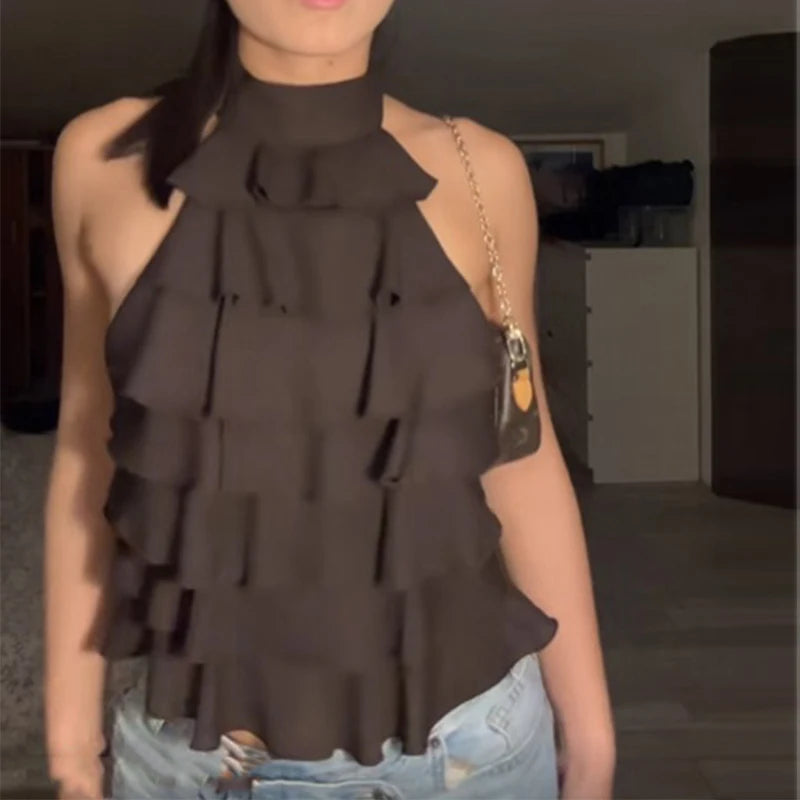 Women's Halter Ruffle Backless Crop Top