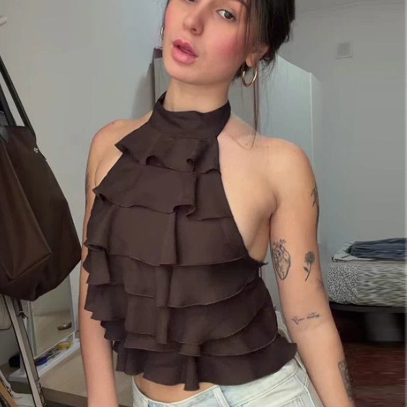 Women's Halter Ruffle Backless Crop Top