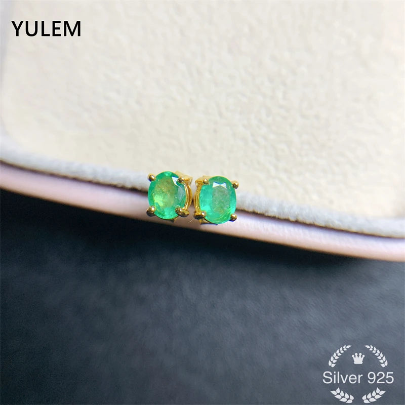YULEM Natural Emerald S925 Silver Stud Earrings