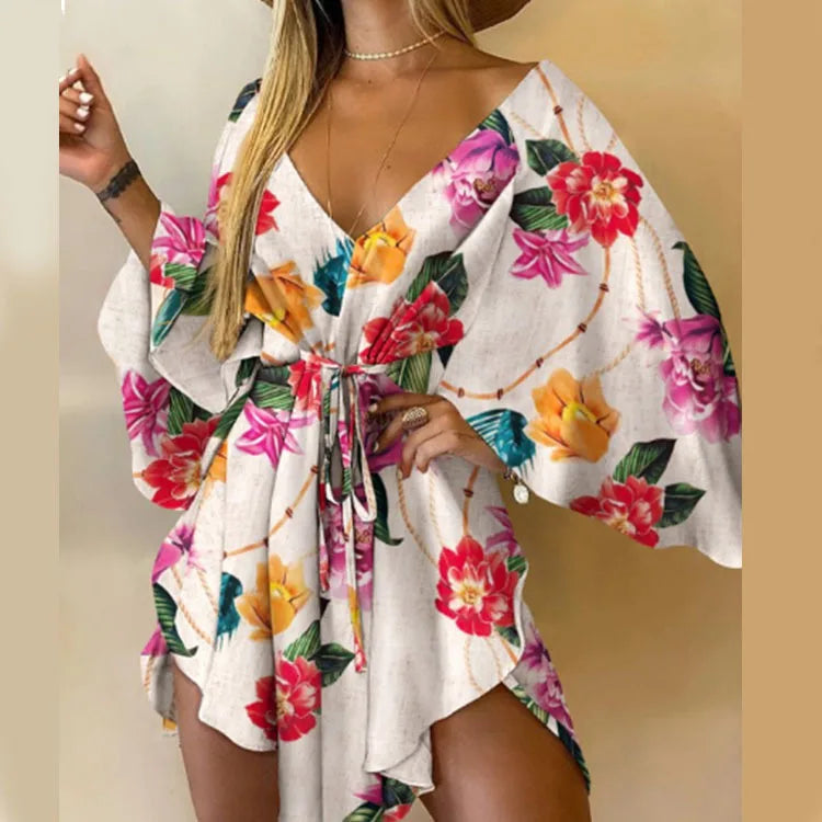 Women's Floral Boho V-Neck Mini Dress