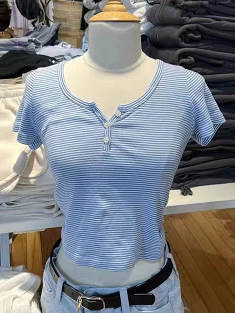 Women's Y2K Striped Button Crop Top