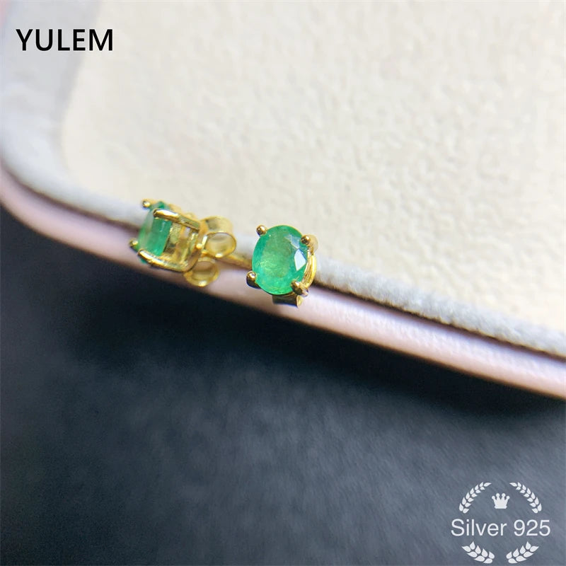 YULEM Natural Emerald S925 Silver Stud Earrings
