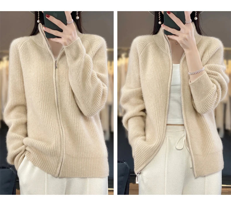 Women's Wool Zip-Up Stand Collar Cardigan